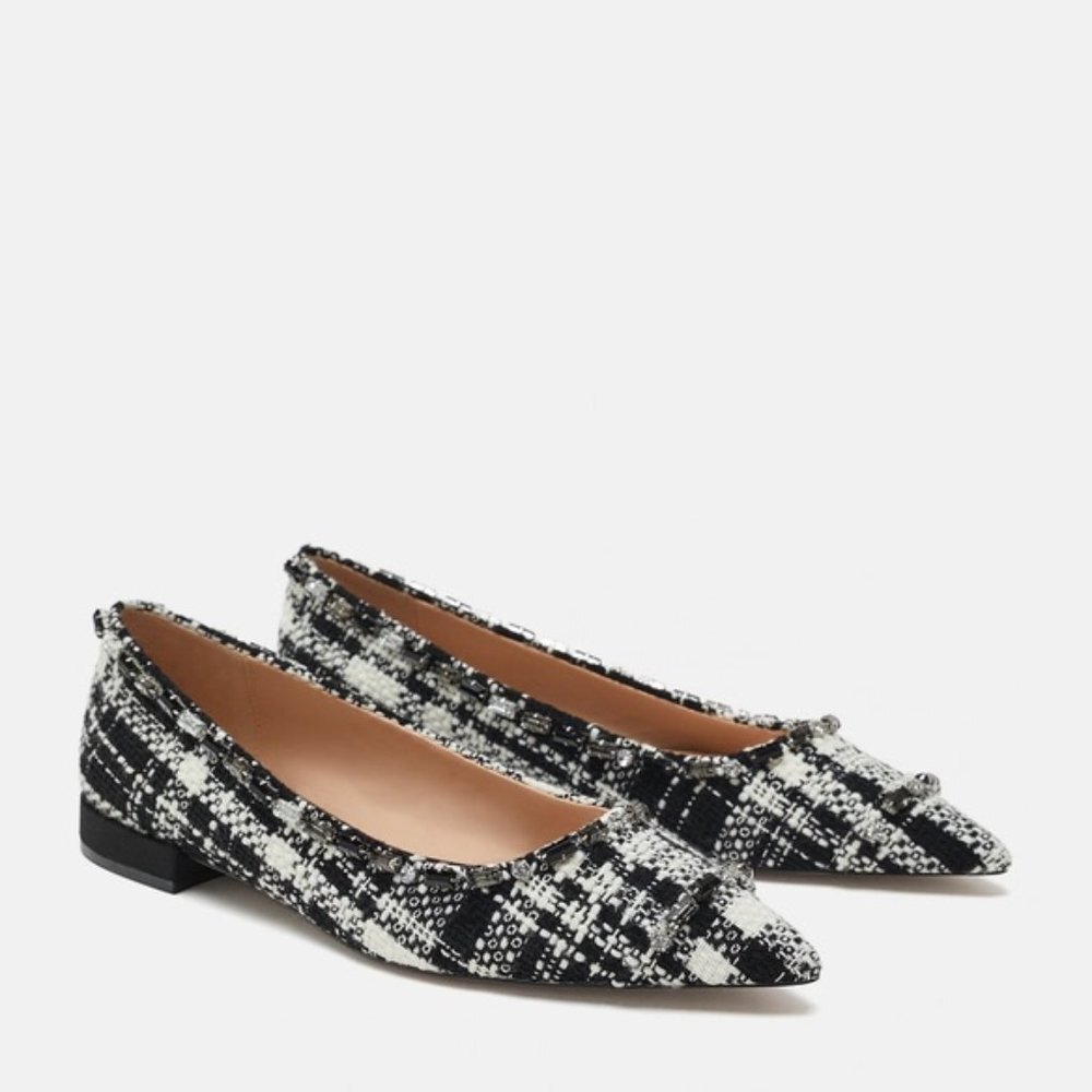 ZARA TWEED BEAD JEWELLED RHINESTONE FLAT BRAND NEW WITH TAGS US 6.5 EUR 37